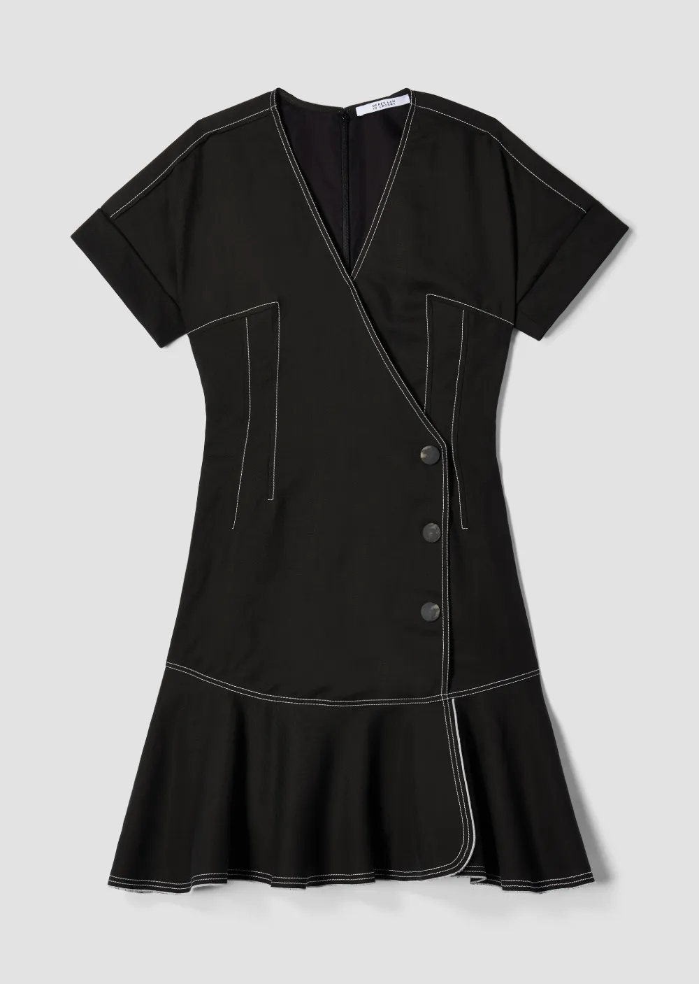 Short Sleeve Drape Linen Wrap Dress with Pleated Hem