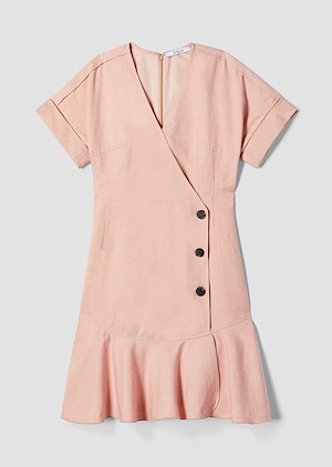 Short Sleeve Drape Linen Wrap Dress with Pleated Hem Short Sleeve Drape Linen Wrap Dress with Pleated Hem