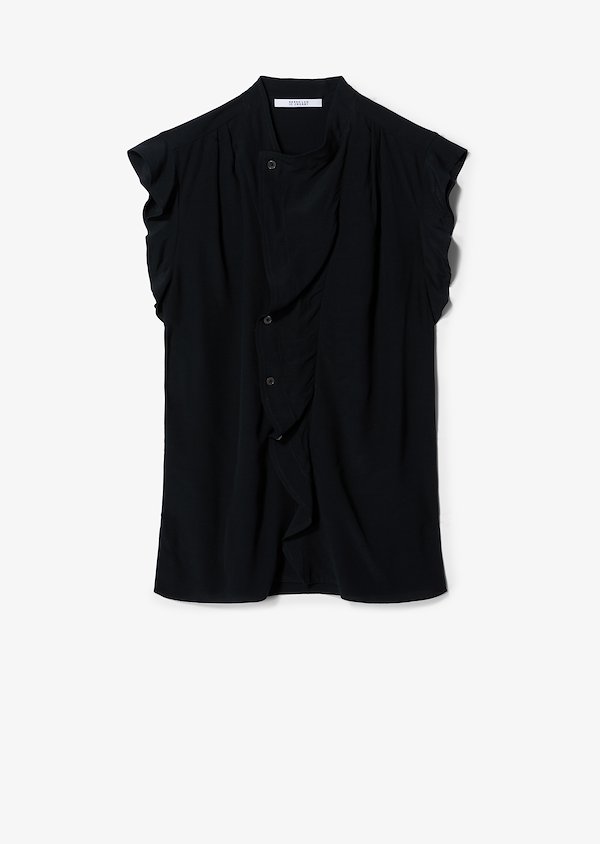 Short Sleeve Draped Blouse with Asymmetrical Placket Short Sleeve Draped Blouse with Asymmetrical Placket