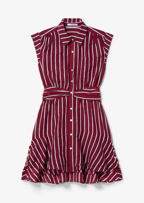 Short Sleeve Ramie Striped Shirt Dress With Twist Waist Detail