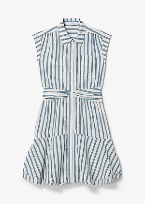 Short Sleeve Ramie Striped Shirt Dress with Twist Waist Detail Short Sleeve Ramie Striped Shirt Dress with Twist Waist Detail