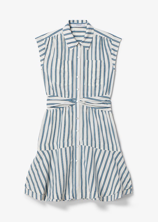 Short Sleeve Ramie Striped Shirt Dress with Twist Waist Detail Short Sleeve Ramie Striped Shirt Dress with Twist Waist Detail