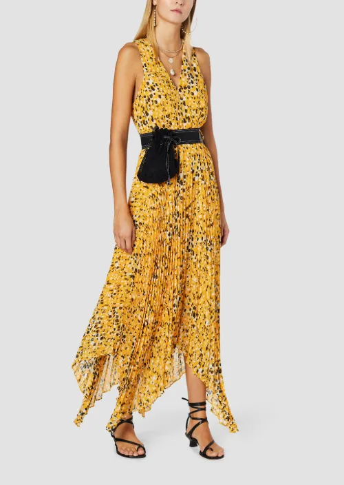 Sleeveless Abstract Dot Print V-Neck Dress with Pleated Skirt