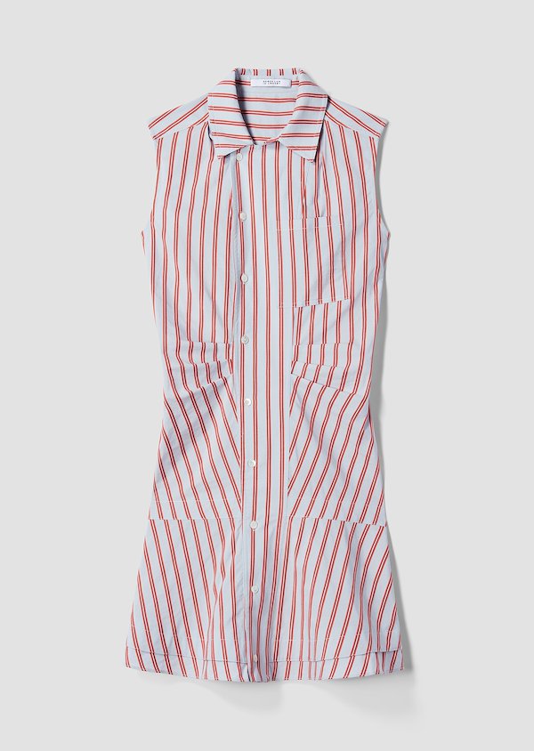 Sleeveless Pencil Striped Ruffle Placket Shirtdress Sleeveless Pencil Striped Ruffle Placket Shirtdress
