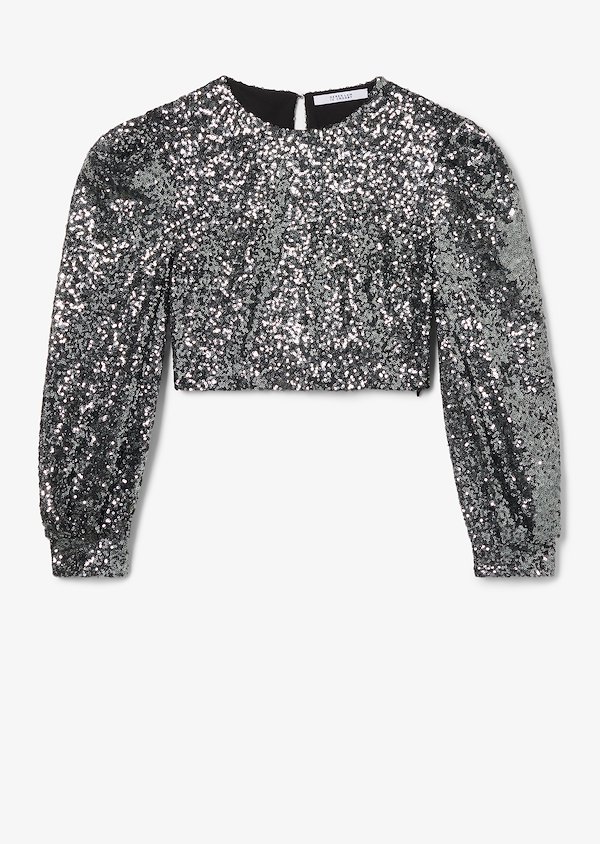 Sofia Cropped Baby Sequin Bell Sleeve Mesh Top Sofia Cropped Baby Sequin Bell Sleeve Mesh Top