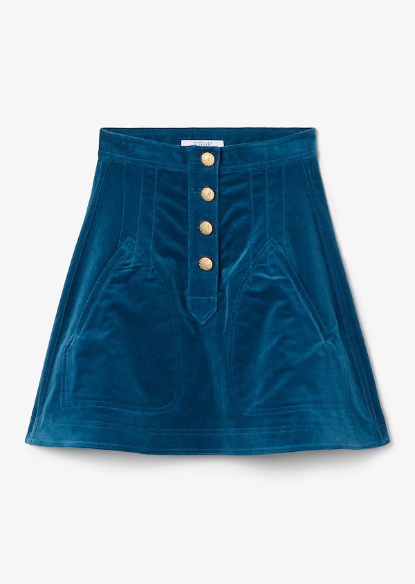 Stretch Velveteen A-Line Mini Skirt With Sailor Buttons Stretch Velveteen A-Line Mini Skirt With Sailor Buttons
