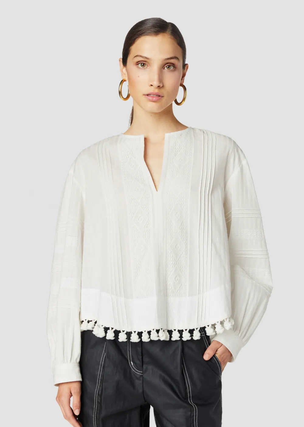 Tassel and Lace-Trimmed Pintuck Cotton Blouse