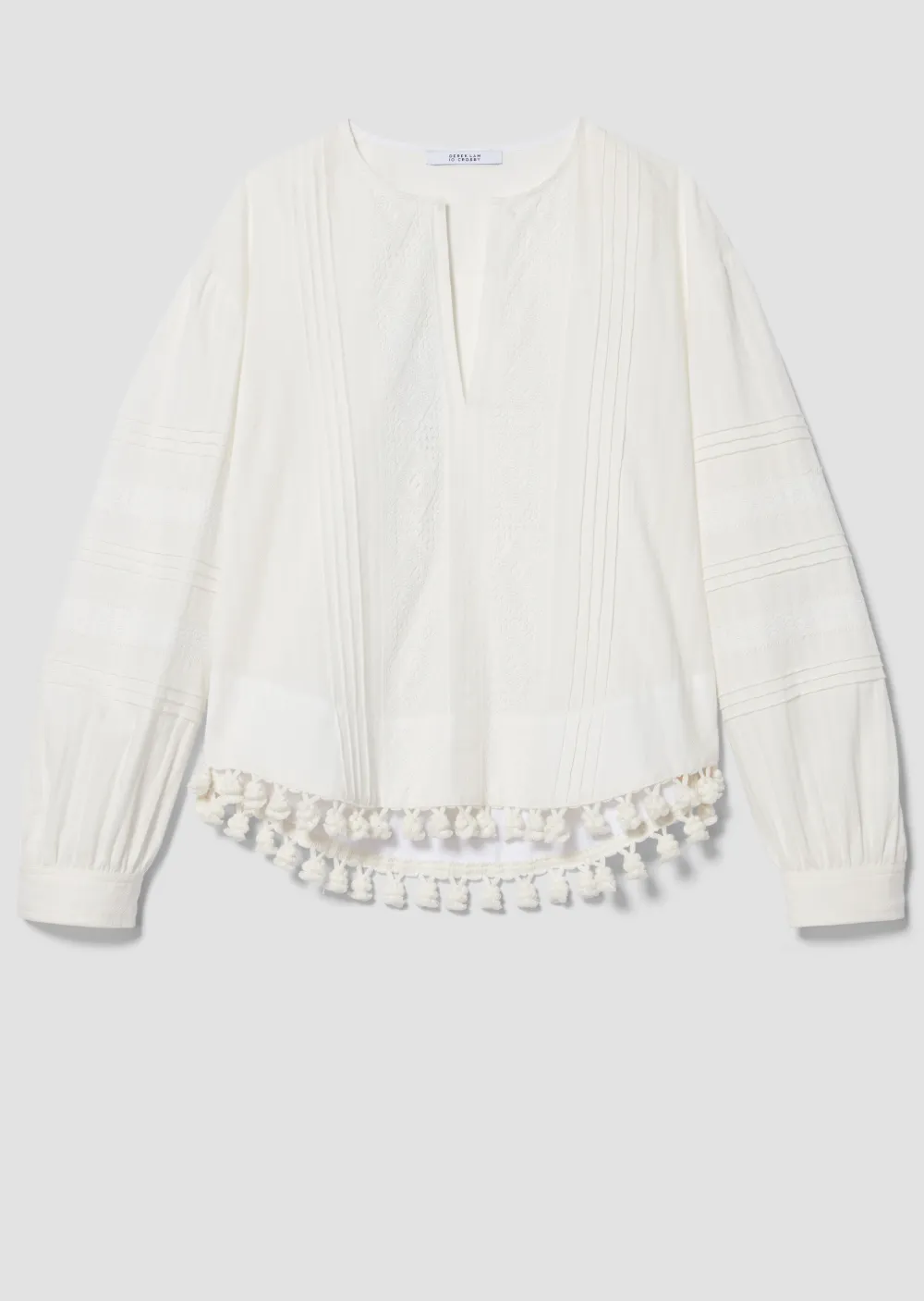 Tassel and Lace-Trimmed Pintuck Cotton Blouse