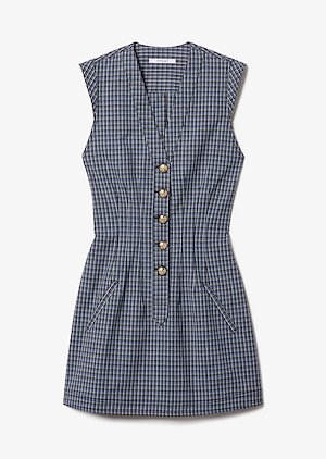 V-Neck Fit and Flare Mouline Check Dress with Snaps V-Neck Fit and Flare Mouline Check Dress with Snaps