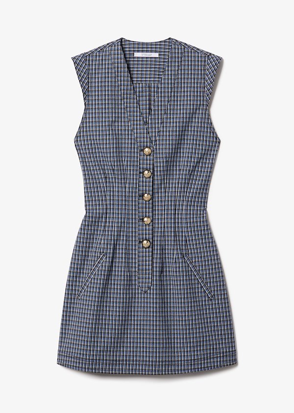 V-Neck Fit and Flare Mouline Check Dress with Snaps V-Neck Fit and Flare Mouline Check Dress with Snaps