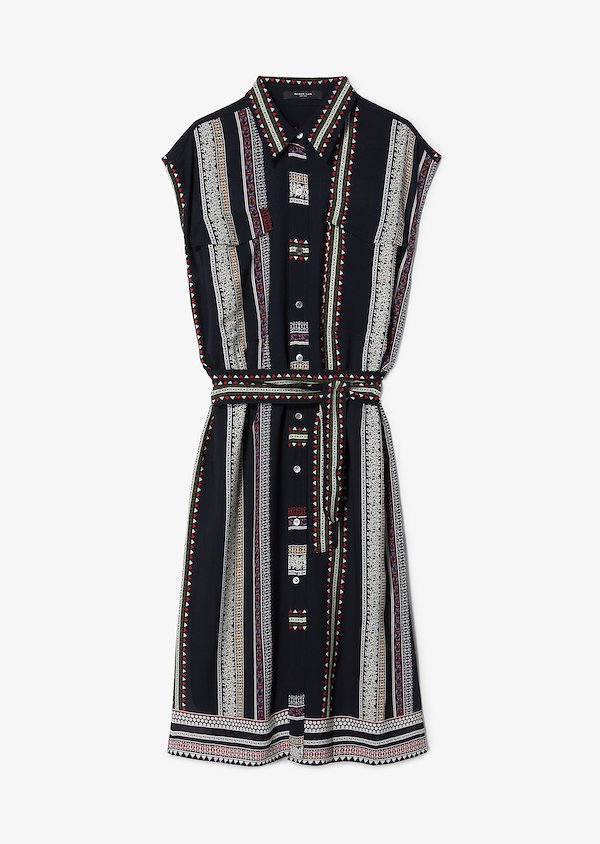 Belted Provincal Striped Sleeveless Button-Down Shirt Dress Belted Provincal Striped Sleeveless Button-Down Shirt Dress