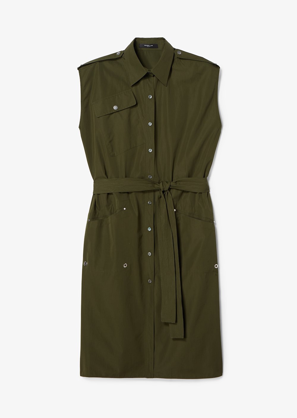 Belted Sleeveless Organic Cotton Button-Down Utility Shirt Dress