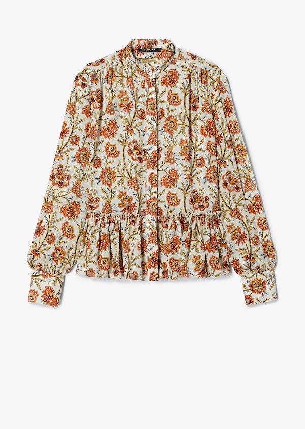 Indian Floral Long Sleeve Blouse with Ruffle Hem Indian Floral Long Sleeve Blouse with Ruffle Hem