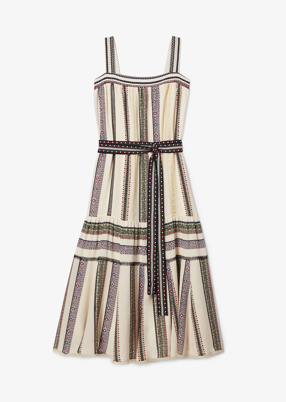 Lace Inset Provincal Striped Tank Dress with Pleated Hem