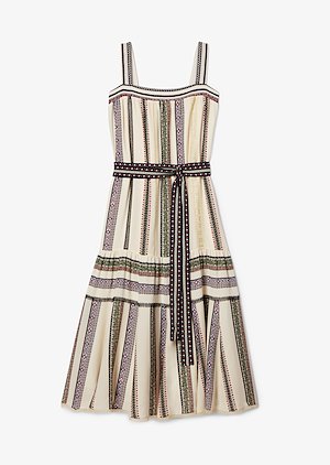 Lace Inset Provincal Striped Tank Dress with Pleated Hem Lace Inset Provincal Striped Tank Dress with Pleated Hem