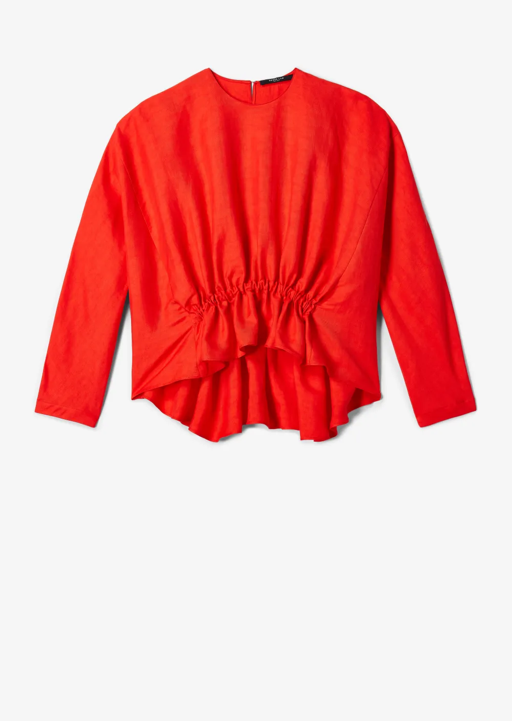 Long Sleeve Linen Blouse with Gathered Waist Detail