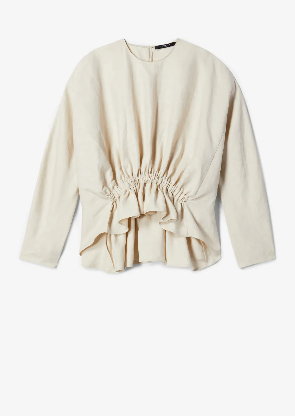Long Sleeve Linen Blouse With Gathered Waist Detail