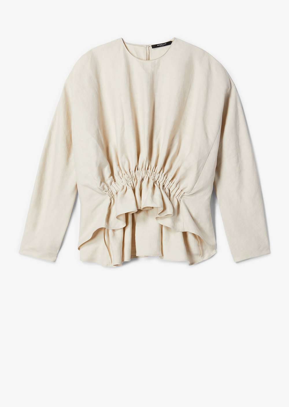 Long Sleeve Linen Blouse With Gathered Waist Detail