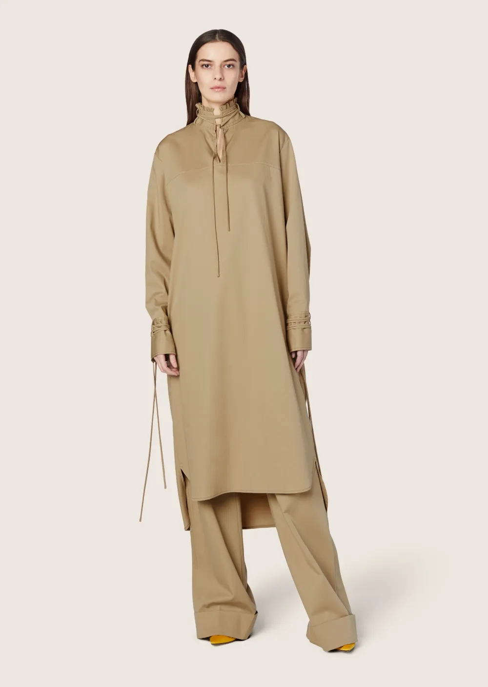 Long Sleeve Mandarin Collar Shirtdress with Ties