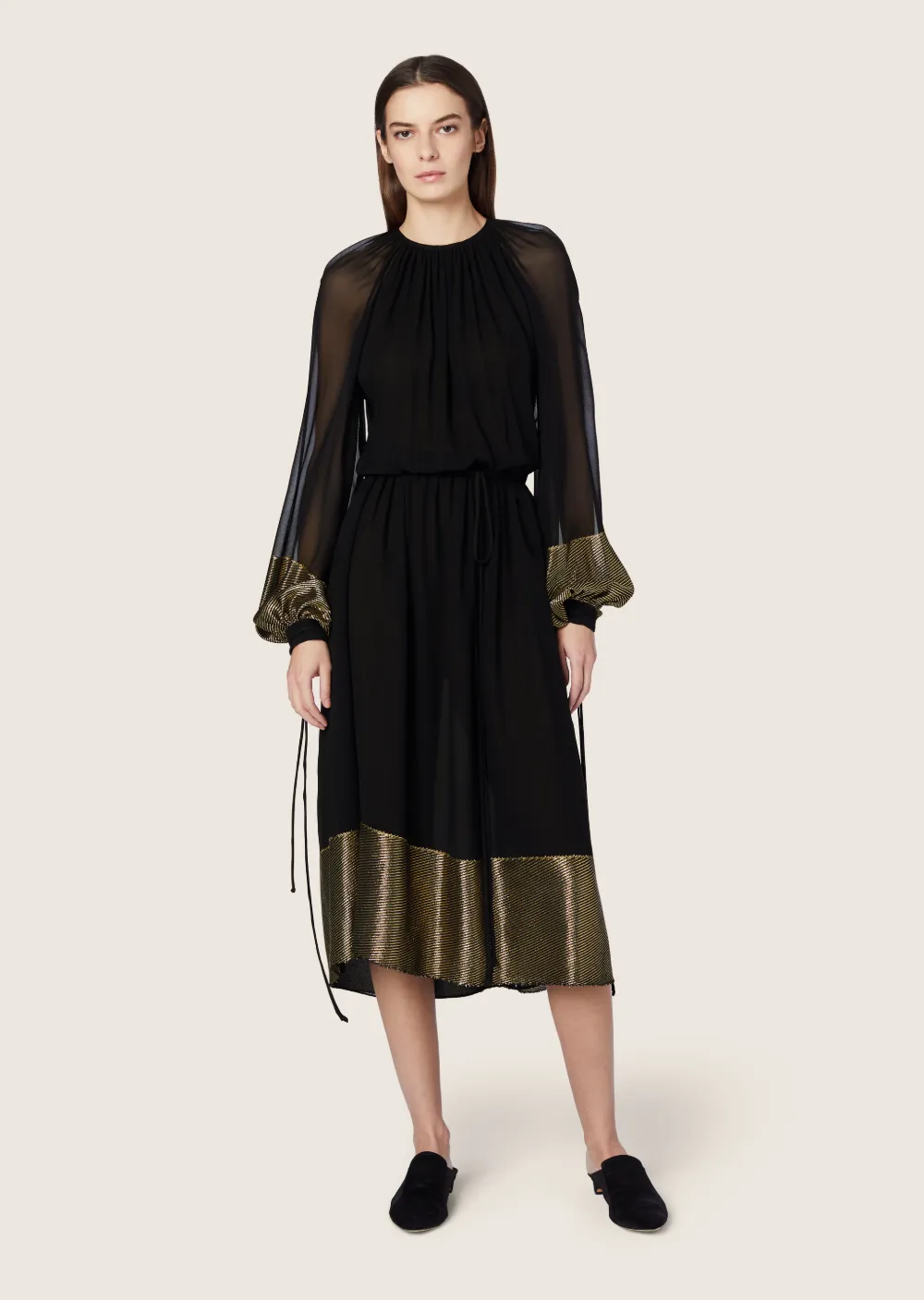 Long Sleeve Peasant Dress with Tie Belt