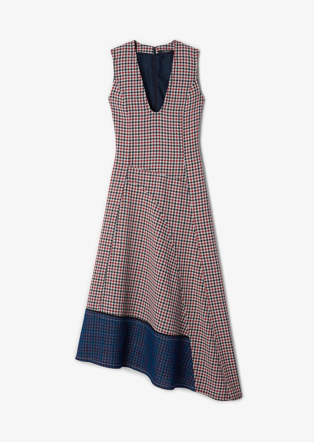 Low Neck Gauze Check Dress with Asymmetric Hem