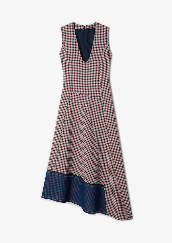 Low Neck Gauze Check Dress with Asymmetric Hem Low Neck Gauze Check Dress with Asymmetric Hem