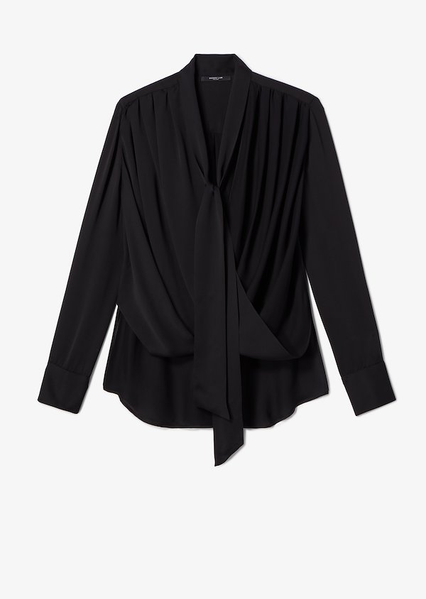 Oversized Long Sleeve Draped Georgette Wrap Blouse with Neck Ties Oversized Long Sleeve Draped Georgette Wrap Blouse with Neck Ties