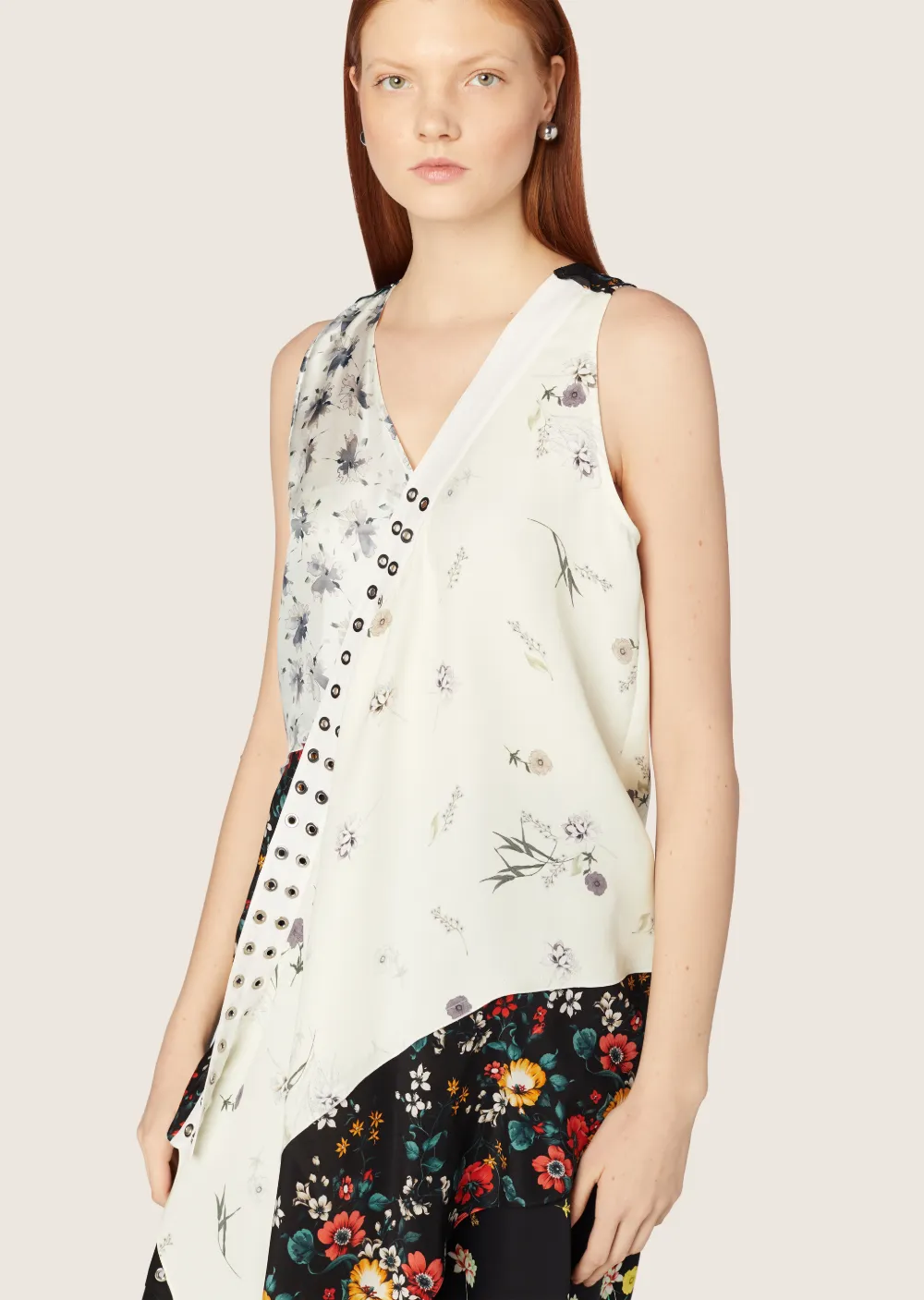 Sleeveless Asymmetrical Mixed Print Blouse