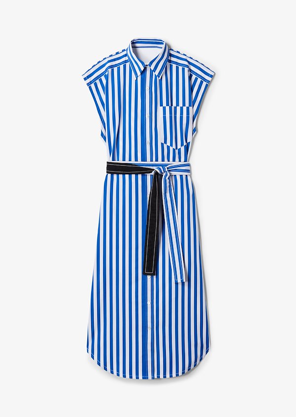Sleeveless Stripe Poplin Wrap Button-Down Dress with Back Cut Out Sleeveless Stripe Poplin Wrap Button-Down Dress with Back Cut Out