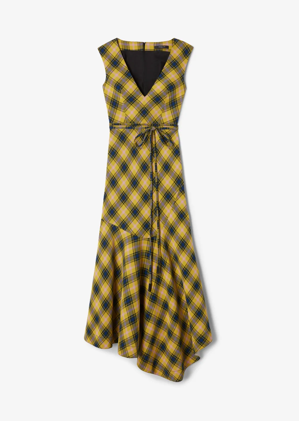 V-Neck Gauze Plaid Dress with Asymmetric Hem