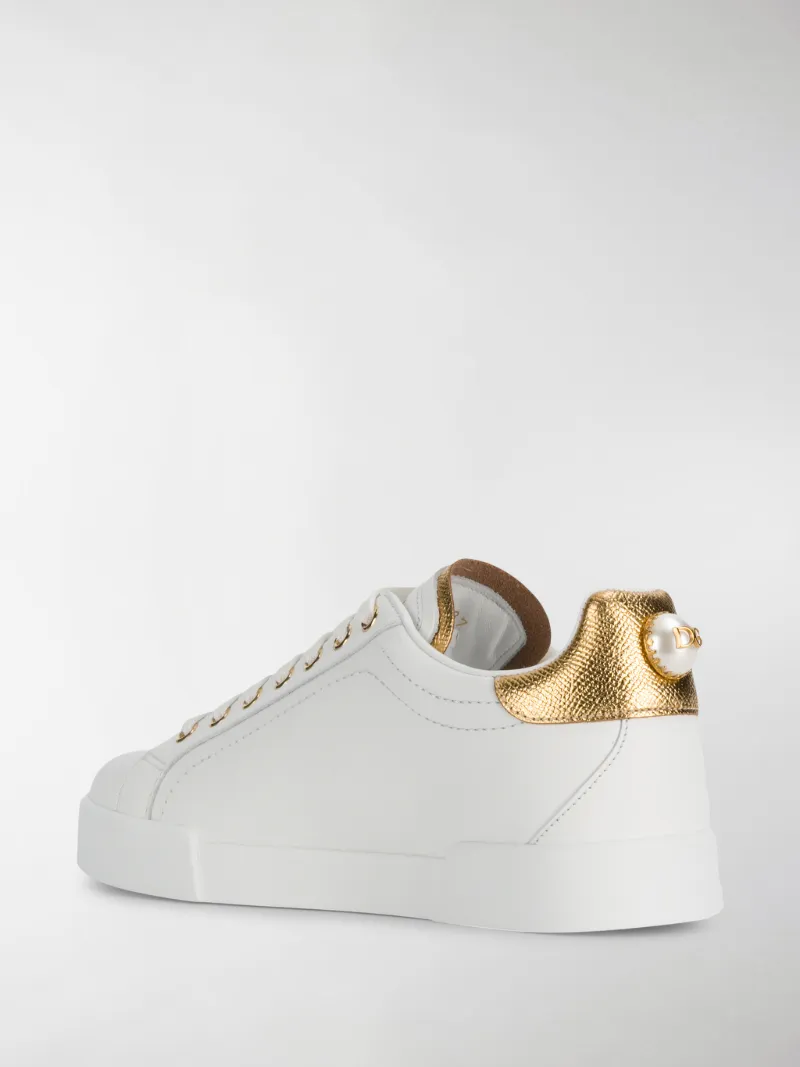 dolce & gabbana white pearl embellished leather sneakers