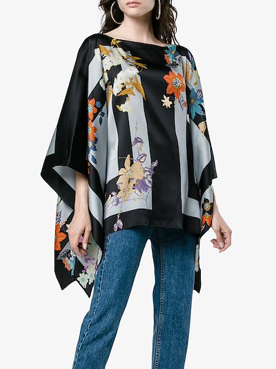 floral stripe print silk blend poncho top展示图