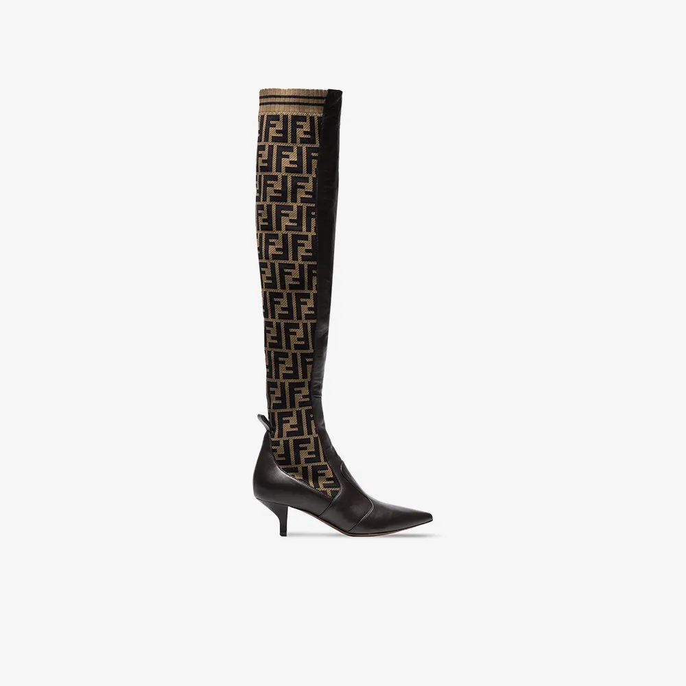 Fendi brown 45 logo stretch knee high boots | Browns