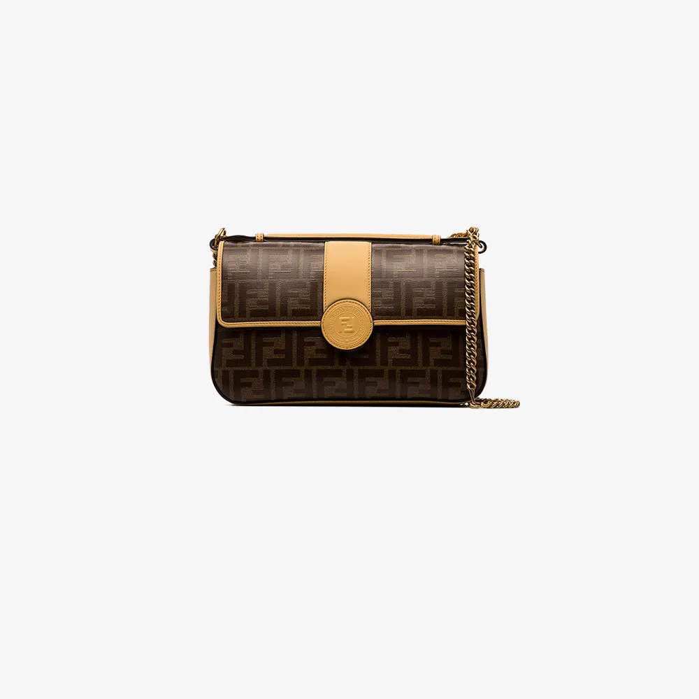 Fendi Brown And Beige Double F Logo Leather Shoulder Bag Browns