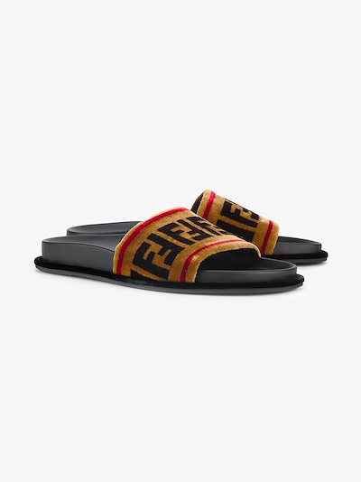 Fendi Brown logo velvet slides | Browns