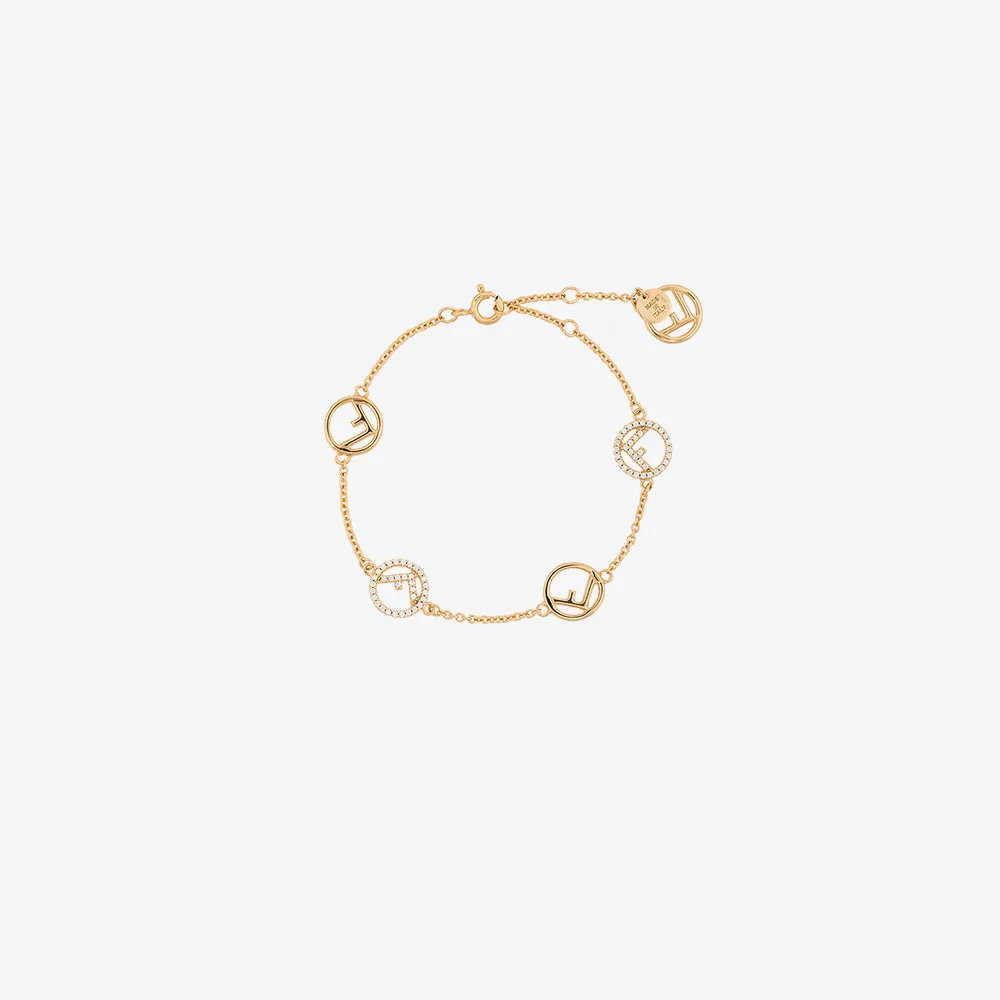 Fendi Gold Metallic F Logo Crystal Embellished Bracelet Browns