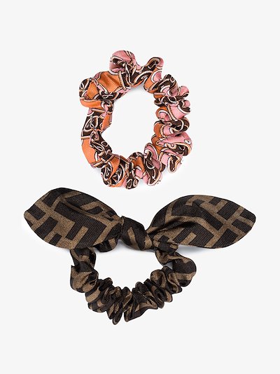 Fendi Multicolour Printed Silk Scrunchies Set Browns