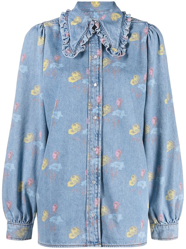 denim shirt with ruffle collar