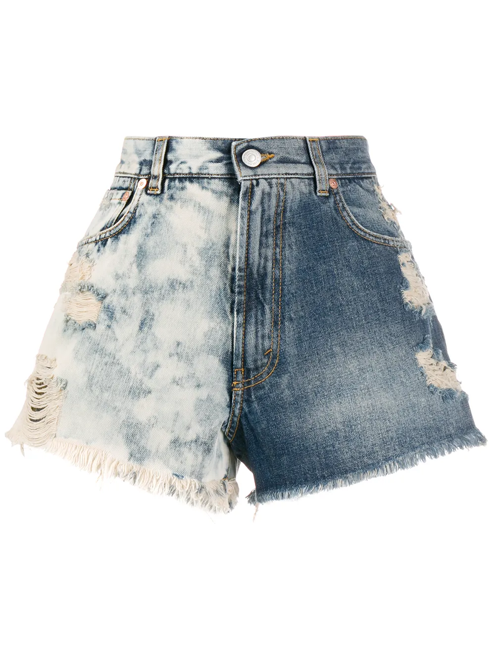 two-tone distressed denim shorts 