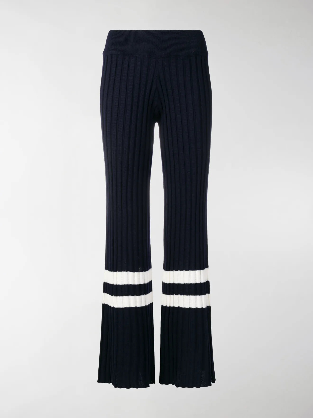 white ribbed flared trousers