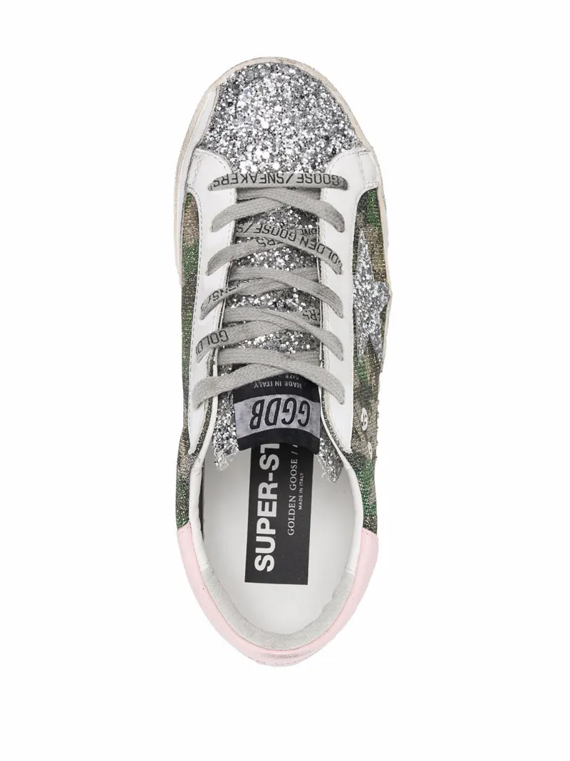 superstar navy glitter with snake back and white star sneakers