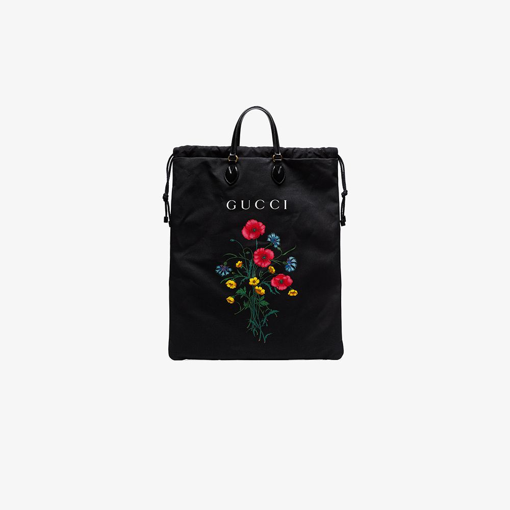 Gucci black and multicoloured floral print chateau marmont drawstring bag | Browns