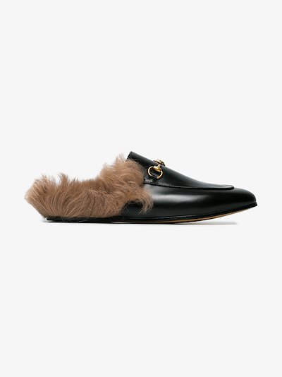 black princetown leather fur lined mules