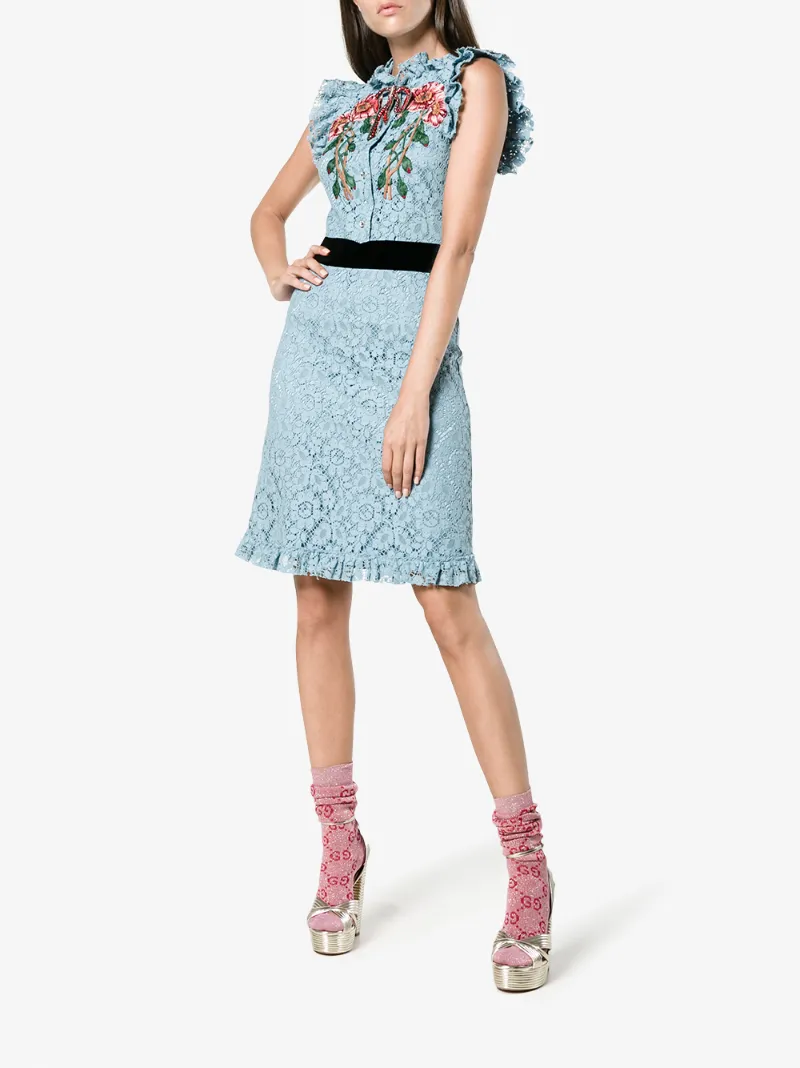 Gucci Embroidered Cluny Lace Dress Browns