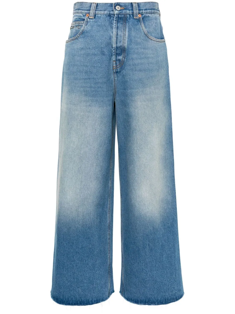 Sandblast Faded Wave-Curve Stitch Wide Leg Jeans