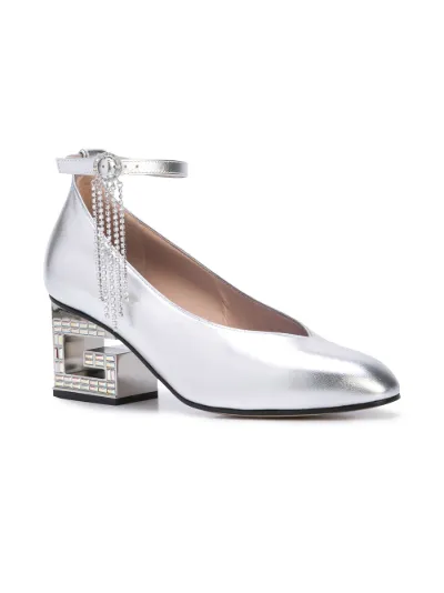 block heel silver pumps