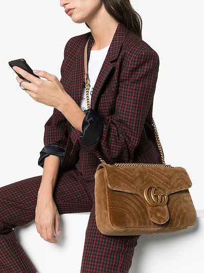 Gucci taupe GG Marmont velvet medium shoulder bag | Browns