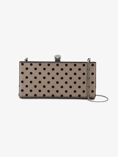 navy and white polka dot clutch bag