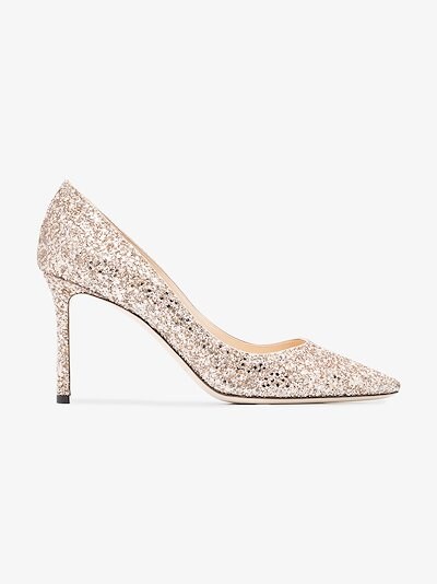 Jimmy Choo Rose Gold Romy 85 Glitter Pumps Browns