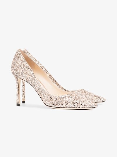 Jimmy Choo Rose Gold Romy 85 Glitter Pumps Browns